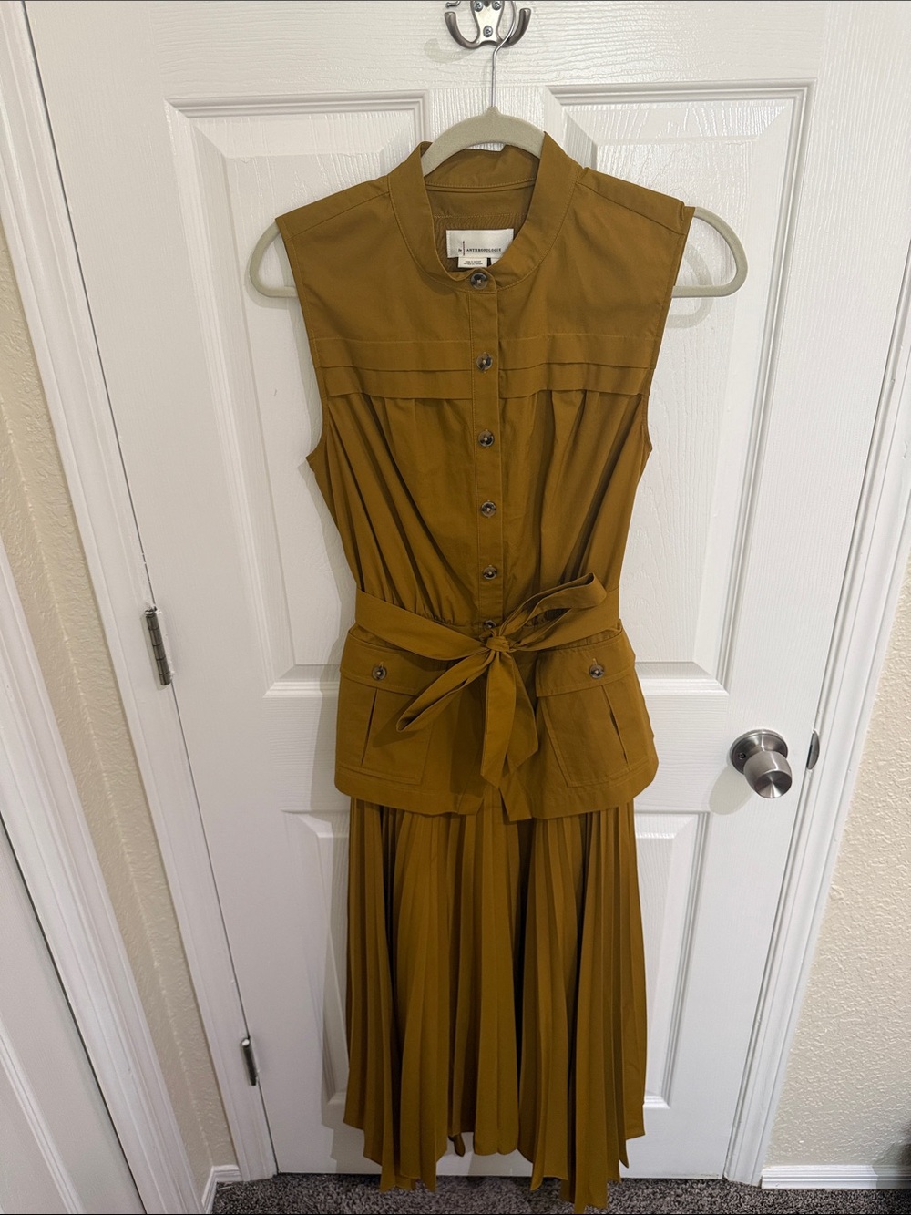 Anthropologie Sleeveless Belted Tea Length Dress - Mustard/Tan in Size Small